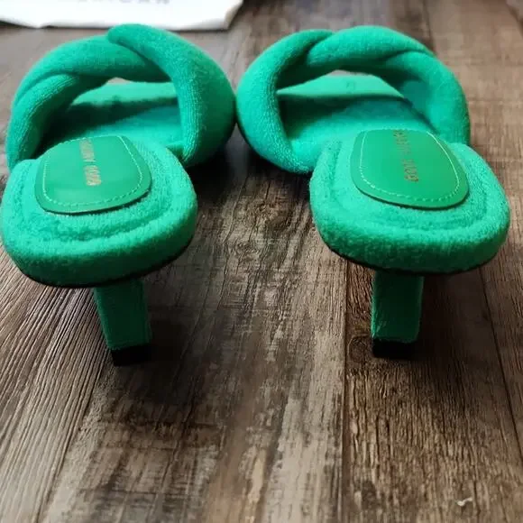 Good American Women's Green Terry Kitten Heel Sandals Kickstand Mules6‎ 1/2-7